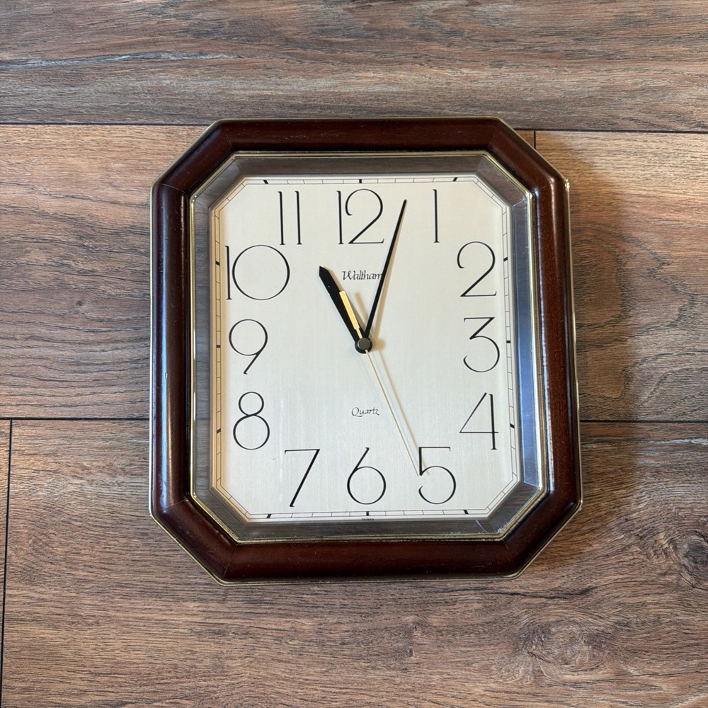 Vintage 80s Waltham Wall Clock Wood w/Gold Trim (Partially Works)